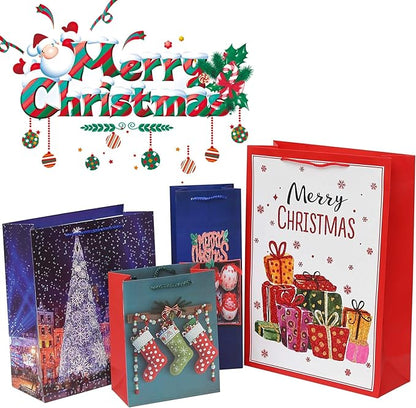 Christmas Gift Bags Bulk Set Christmas Paper Bags Assorted Sizes 3 Jumbo 5 Large 6 Medium 2 Wine Bags 16 Count Glitter Design with 12 Sheets Tissue Paper
