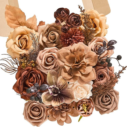 Serwalin Artificial Fall Flowers, Brown & Terracotta Silk Flowers with Stems, Fake Roses Flowers for Wedding Bouquets Bridal Baby Shower Party Craft Home Cake Decoration