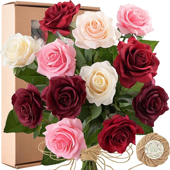 FiveSeasonStuff Rustic Mélange Artificial Roses Real Touch Silk Flowers with 12 Stems Wedding Bridal Bouquet Home Décor (Mix Pink, Burgundy & Purple)