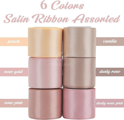 HUIHUANG Rose Pink Ribbon 1-1/2" Dusty Rose/Rose Gold/Rose Pink/Rosy Mauve/Vanilla/Peach Satin Ribbons for Wedding Flower Bouquet Bows Bridal Gift Wrap and Crafts- 6 Rolls, Total 30 Yards