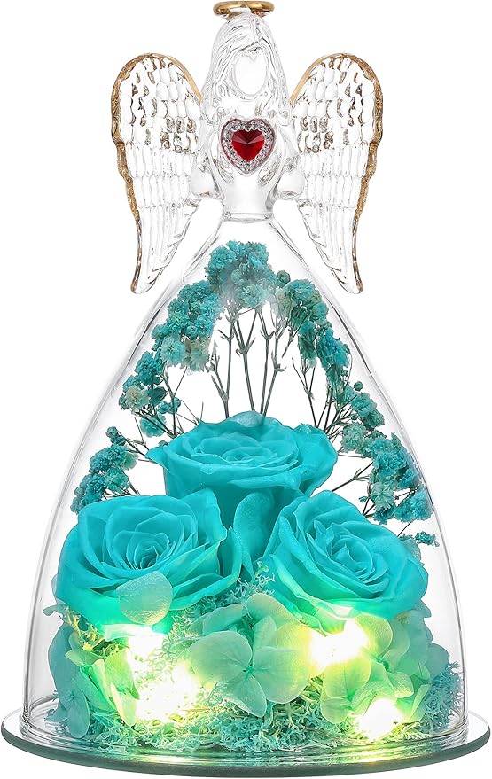 Mothers Day Rose Gifts for Women, Large Angel Figurines with Real Roses, Preserved Real Flower Rose for Her - Aqua Blue