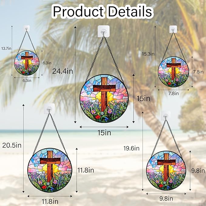 Christian Gifts for Women - Cross Stained Glass Window Hanging Jesus Easter Colorful Wildflowers Sun Catcher Garden Religion Decor Mother's Day Catholic Gift for Men Grandma Mom Her 6.3"