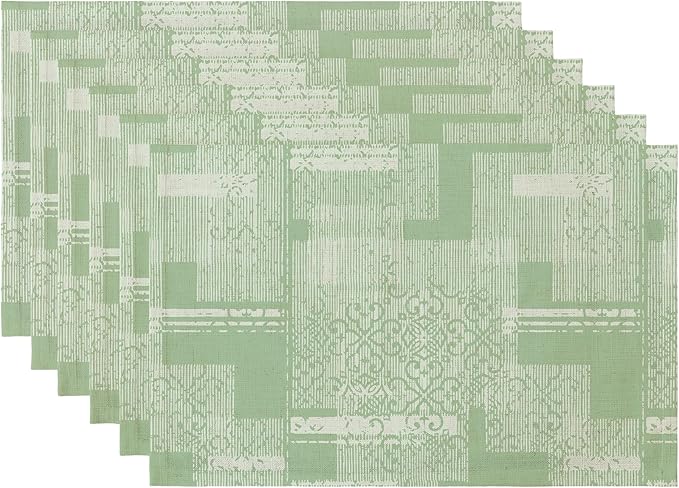 LilyCat Linen Fabric Floral Placemats, Green Stripes Durable Boho Dining Table Mats for Kitchen, Rustic Vintage Washable Place Mats Set of 6, 18’’× 12’’