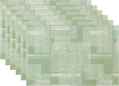 LilyCat Linen Fabric Floral Placemats, Green Stripes Durable Boho Dining Table Mats for Kitchen, Rustic Vintage Washable Place Mats Set of 6, 18’’× 12’’