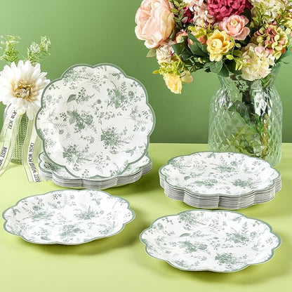 Sage Green Floral Leaf Disposable Paper Plates - Wildflower Green Toile 7" Scalloped Rim Dessert Plates for Christmas, Birthday, Bridal & Tea Parties (48)