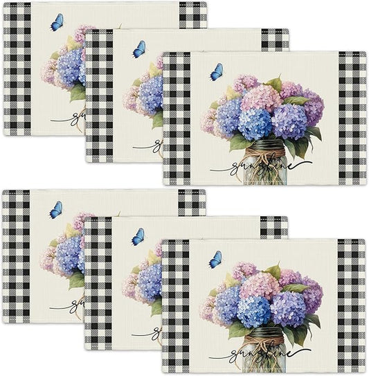 Farmhouse Hydrangea Placemats Set of 6, Country Sunshine Flowers Place Mats, Rustic Spring Butterfly Dining Table Mats, Washable Placemats for Kitchen Dining Room 18L'' × 12W''