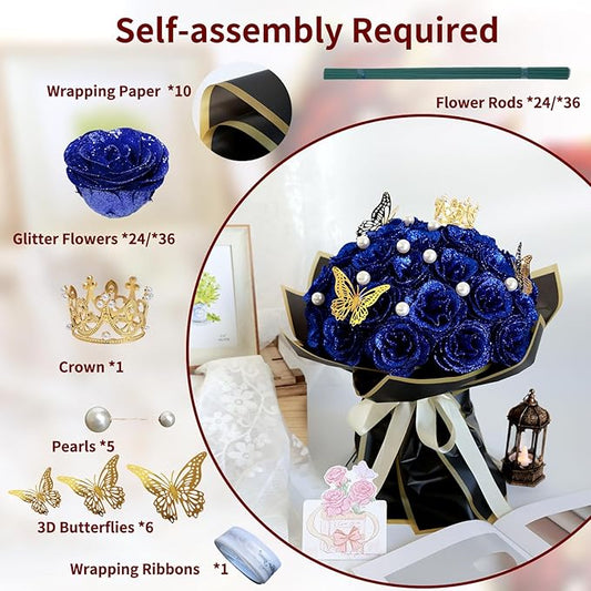 Glitter Roses Bouquet, Shiny Artificial Roses Flowers with Stems DIY Fake Glitter Flowers Bouquet for Valentine's Day, Mother's Day, Anniversary, Graduation, Birthday, Wedding, 24 Roses (Blue)