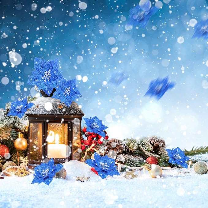 Boao 24 Pieces Glitter Poinsettia Artificial Christmas Flowers Poinsettia Decorations Wedding Christmas Tree Ornaments, 3/4/6 Inches (Blue)