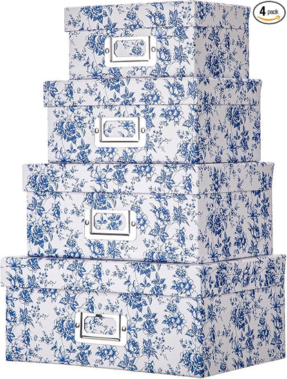 Briful Blue and white Porcelain Storage Boxes, Photos Storage Boxes with Lids 4 in 1 Set Water-proof Gift Boxes Sets Decorative Multiple Size Storage Bins for Clothes/Office/Christmas Decorations