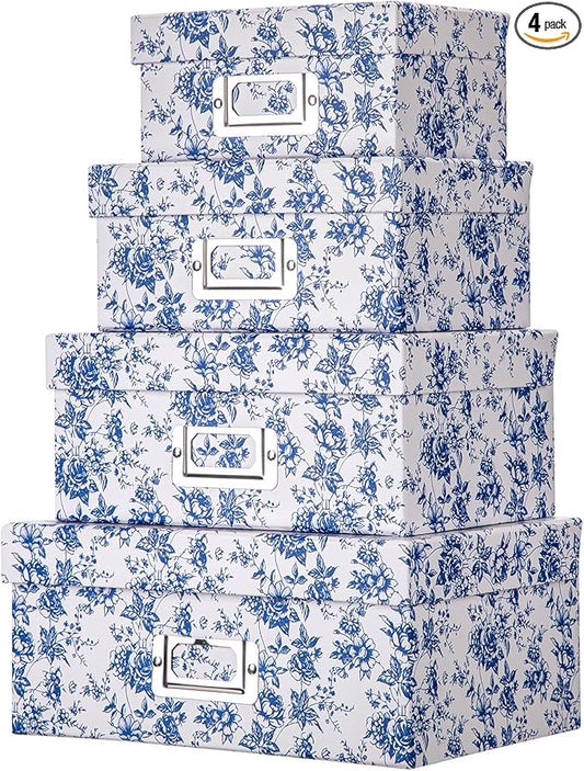 Briful Blue and white Porcelain Storage Boxes, Photos Storage Boxes with Lids 4 in 1 Set Water-proof Gift Boxes Sets Decorative Multiple Size Storage Bins for Clothes/Office/Christmas Decorations