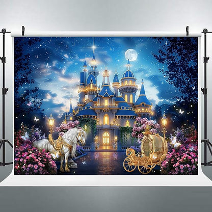Riyidecor Princess Castle Backdrop Polyester Fabric Garden Floral Starry Night Horse Carriage 8Wx6H Feet Fairy Tale Wonderland Photography Background Wedding Birthday Photo Studio Shoot