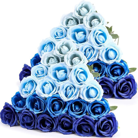 Hotop 40 Pcs Rose Artificial Flowers Bulk with Long Stem,Realistic Silk Fake Roses Bouquet for Home Wedding Centerpieces Party Table Decoration Valentines Gifts(Gradient Blue)