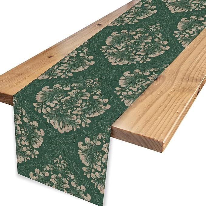 Vintage Damask Table Runner, Green Classical Luxury Old Fashioned Damask Royal Victorian Floral Print Table Center Decor for Family Kitchen Table Decorations Indoor Outdoor 13x72 inch