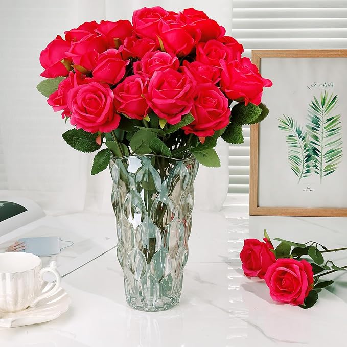 80 Pcs Roses Artificial Flowers, Silk Red Artificial Flowers Petals Long Stem Roses for Wedding Bouquet Home Party Decor