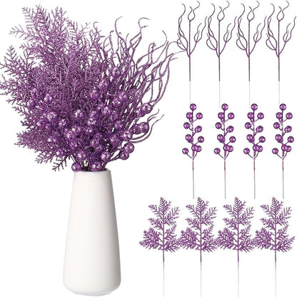 75 Pcs Christmas Glitter Branches 3 Styles Artificial Christmas Picks Berries Stems Pine Needles Floral Twig Spray for Xmas Tree Ornaments DIY Wreath Garland(Purple)