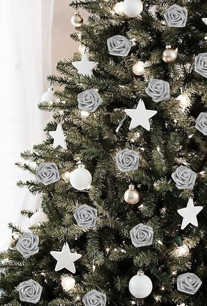 Fake Roses,50PCS Silver Roses Artificial Flowers 2.76" Foam Roses with Stems for Wedding Christmas DIY Wreath Home Table Floral Arrangement(Silver)