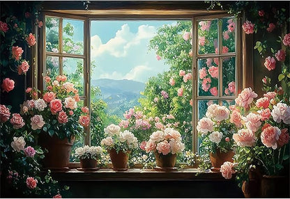 Baocicco 8x6.5ft Flowers Windowsill Photography Background Spring Floral Retro Oil Painting Photo Backdrop for Valentines Mothers Day Birthday Wedding Party Decorations Girls Women Portraits