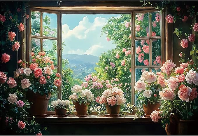 Baocicco 9x6ft Flowers Windowsill Photography Background Spring Floral Retro Oil Painting Photo Backdrop for Valentines Mothers Day Birthday Wedding Party Decorations Girls Women Portraits