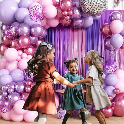 Purple Pink Balloon Garland Arch Kit Birthday Party Decorations, Music Themed Foil Fringe Curtains Backdrop Tinsel Streamer Photo Booth Props for Girls Butterfly Christmas Party Decor Supplies
