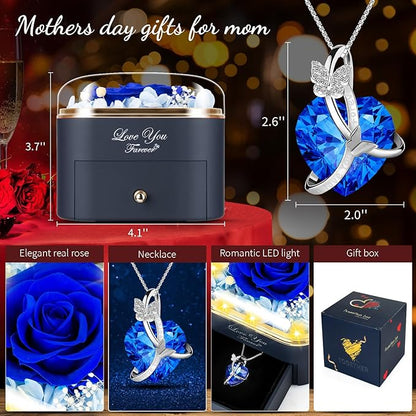 Preserved Blue Real Rose with Necklace Jewelry Box -Eternal Flowers Rose Gifts for Grandma Wife Girlfriend on Valentines Mothers Day Christmas Birthday Anniversary Romantic Gifts for Her