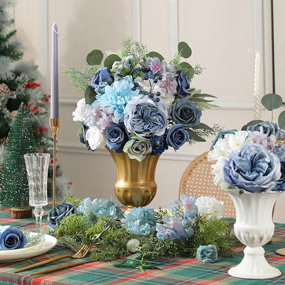 Floweroyal 2 Layers Artificial Flowers Combo Dusty Blue Flowers Mix Silk Flowers Dahlia Roses with Stems for Wedding Bridal Bouquets, Baby Shower, Floral Arrangement, Table Centerpieces