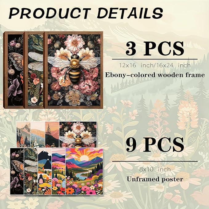 Retro Insect Bee Butterfly Dragonfly Wall Art Set Of 3 12x16In Wood Framed, with 9 Bonus Posters 8"x10", Nature plant Canvas Decoration Paintings Artwork for Office Bedroom Living Room Home Decor