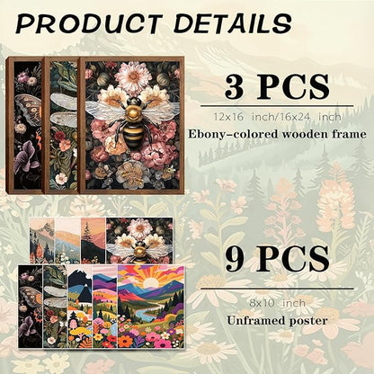 Retro Insect Bee Butterfly Dragonfly Wall Art Set Of 3 24x16In Wood Framed, with 9 Bonus Posters 8"x10", Nature plant Canvas Decoration Paintings Artwork for Office Bedroom Living Room Home Decor