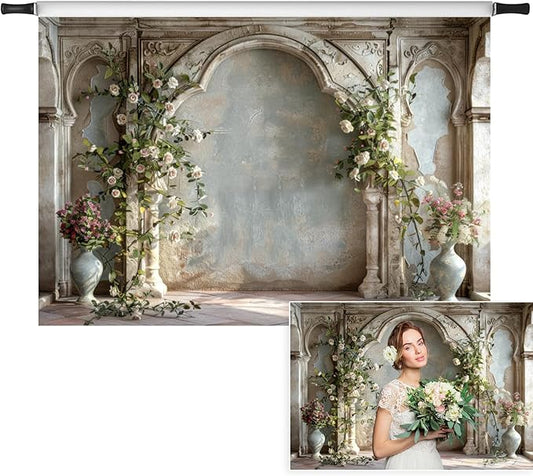 7x5ft Retro White Wildflower Backdrop Vintage Old Palace Building Concrete Wall Photography Background for Wedding Valentines Day Mother-to-be Bridal Shower Birthday Princess Portrait