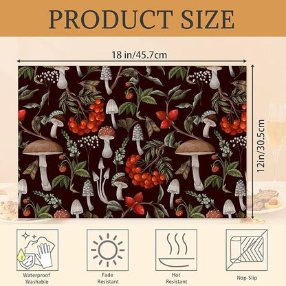 Mushrooms Berries and Plants Placemats Set of 6 Washable Table Mats for Kitchen Dining Table,Heat-Resistant Botanical Place Mats for Indoor Outdoor Party Holiday Decoration