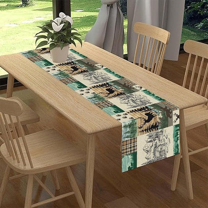 Rustic Cabin Table Runner, Farmhouse Deer Bear Retro Pine Forest Wooden Plank Wild Animal Seasonal Coffee Table Center Decor for Home Kitchen Dining Patio Holiday Party Table Decorations 13x36 inches