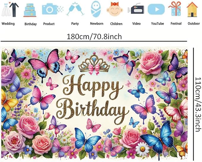 Happy Birthday Backdrop Butterfly Floral Banner Crown Decorations Photography Background for Women Girls Princess Supplies Cake Table Photo Shoot Props 71 x 43 Inch