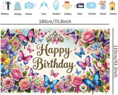 Happy Birthday Backdrop Butterfly Floral Banner Crown Decorations Photography Background for Women Girls Princess Supplies Cake Table Photo Shoot Props 71 x 43 Inch