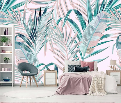 WFBHUA-Pink and Green Palm Leaf Wallpaper Large Self Adhesive Mural for Girls' Rooms 157“x108