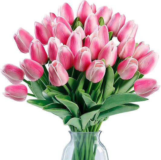 Sggvecsy 15 Pcs Fake Tulips Artificial Flowers Real Touch PU Faux Flowers Tulip Stems for Wedding Spring Bouquet Floral Arrangement Home Party Office Decorations for Mother's Day (Rose Pink)
