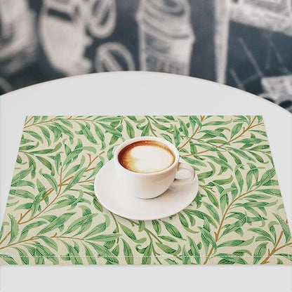 William Morris Vintage Botanical Placemats Set of 6, Retro Leaves Boho Plant Place Mats, Heat Resistant Non Slip Cotton Linen Dining Table Mats for Home Kitchen Party 18x12 Inch