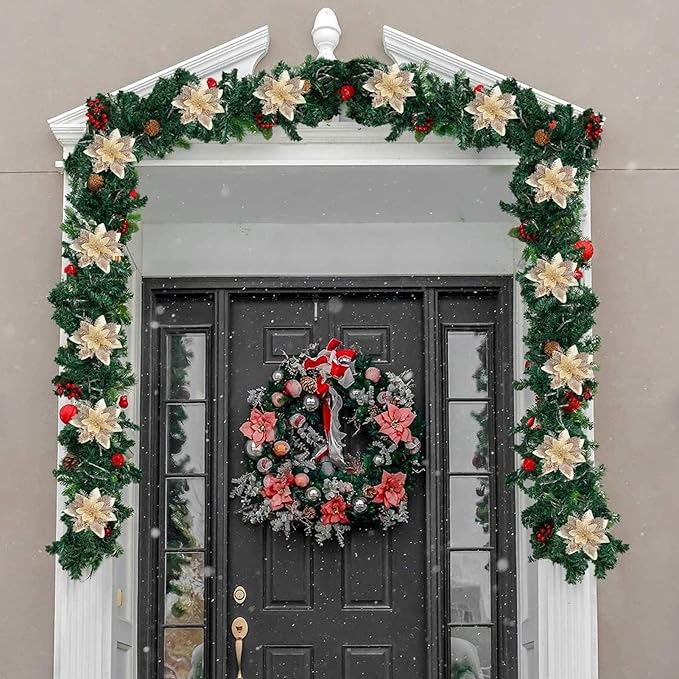15Pcs Christmas Poinsettia Artificial Flowers Decorations, Glitter Poinsettia Christmas Tree Ornaments, Champagne Tree Flowers for Xmas/Holiday/Wreath/Garland Decor, with Cilps, 5.5 Inch