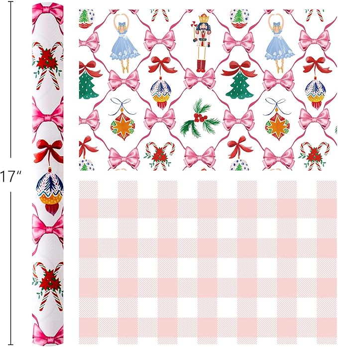 MAYPLUSS Christmas Wrapping Paper Roll - 17IN X 33FT - White Nutcracker Wrap Paper Featuring Christmas Tree Bell Bow Holly Candy Cane Reversible Plaid for Girl, Holiday, New Year