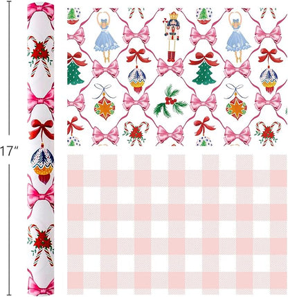 MAYPLUSS Christmas Wrapping Paper Roll - 17IN X 33FT - White Nutcracker Wrap Paper Featuring Christmas Tree Bell Bow Holly Candy Cane Reversible Plaid for Girl, Holiday, New Year