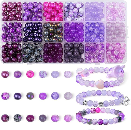 DUQGUHO 8mm Purple Beads for Jewelry Making Purple Glass Beads Crystal Beads Glass Round Beads Bracelet Friendship Bracelets Kit 360PCS