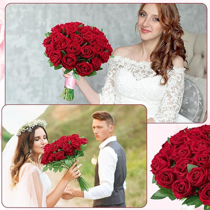 150 Pcs Roses Artificial Flowers, Silk Crimson Burgundy Artificial Flowers Petals Long Stem Roses for Wedding Bouquet Home Party Decor