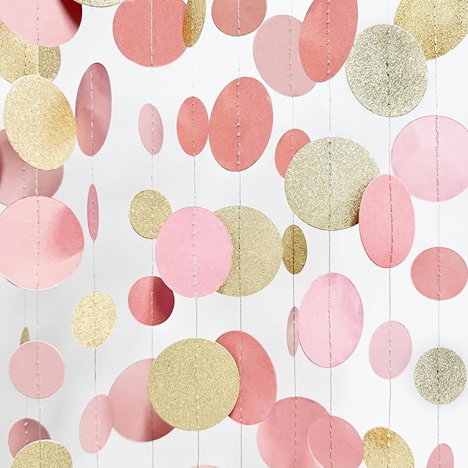 Champagne Gold Rose Pink Polka Dot Garland Champagne Dusty Pink Circle Dot Hanging Streamer Banner for Birthday Baby Shower Bridal Shower Wedding Engagement Retirement Boho Party Decorations Supplies