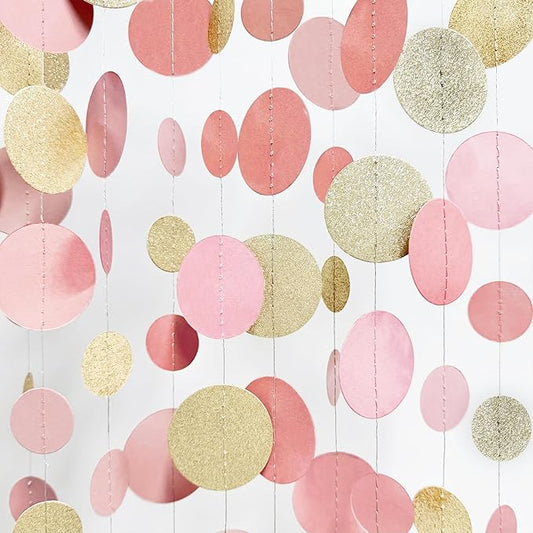 Champagne Gold Rose Pink Polka Dot Garland Champagne Dusty Pink Circle Dot Hanging Streamer Banner for Birthday Baby Shower Bridal Shower Wedding Engagement Retirement Boho Party Decorations Supplies