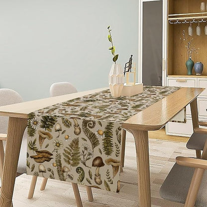 Vintage Woodland Mushroom Table Runner, Rustic Forest Green Plants Wild Mushroom Ferns Daisy Print Kitchen Dining Table Runners for Indoor Outdoor Home Party Holiday Decor, 13x120inch