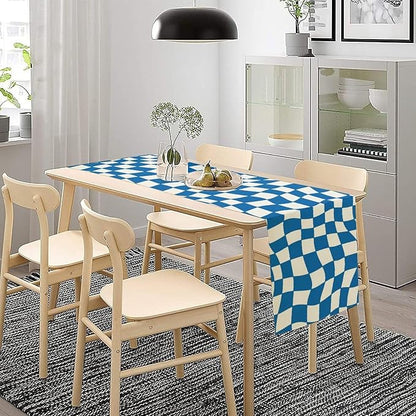 Table Flag Retro Plaid 60s70s Blue Plaid Table Flag Kitchen Restaurant Decoration Suitable for Indoor and Outdoor Festival Home Wedding Party Table Flag 13x70