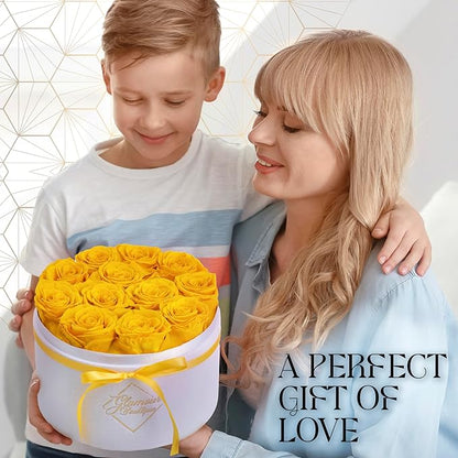 GLAMOUR BOUTIQUE Flower Forever Gift Box 12 Real Preserved Roses in Round Velvet White Box, Handmade, Rose Petals, Birthday, Marriage, Anniversary, Graduation - Yellow