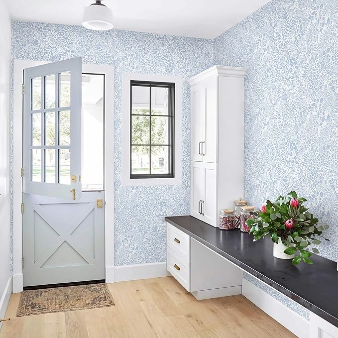 Heroad Blue Peel and Stick Wallpaper Floral Contact Paper 17.3''x78.7'' Boho Wall Paper Modern Removable Self Adhesive Wallpaper for Bedroom Bathroom Kitchen Cabinet Decor Waterproof Vinyl Roll