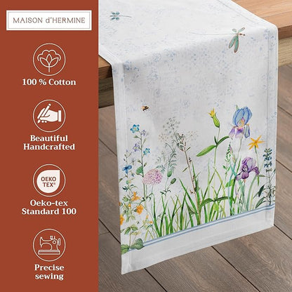 Maison d' Hermine Table Runner 100% Cotton Single Layer Table Runners 72 inches Long Decorative for Home Kitchen Dining Party Wedding Bridal Shower Spring Summer (Fleurs De Mai, 14.50" x 72")