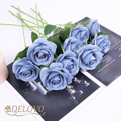 52pcs Dusty Blue Roses Artificial Flowers Fake Flowers Silk Roses with Stems for DIY Wedding Bouquets Bridal Shower Centerpieces Arrangements Party Decorations