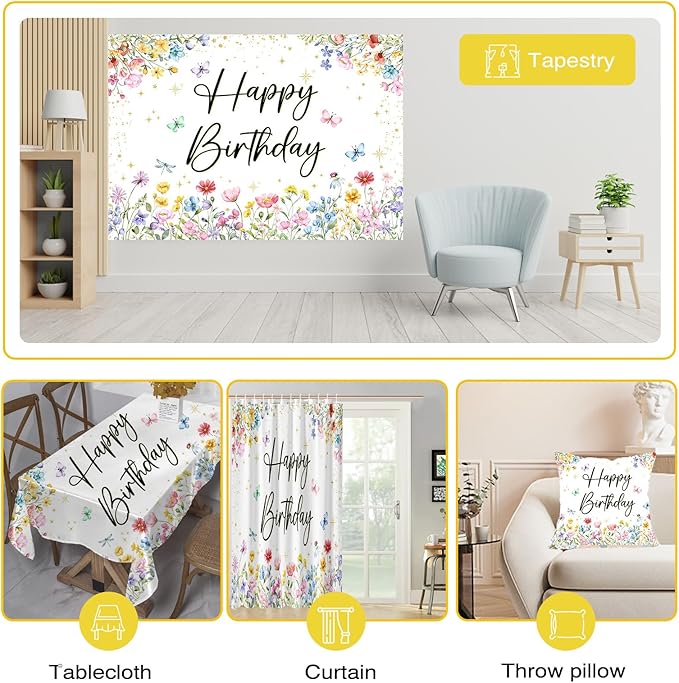 Mocsicka Wildflower Birthday Backdrop Decorations Girls Spring Garden Floral Photo Background Butterfly Wildflower Birthday Party Decorations