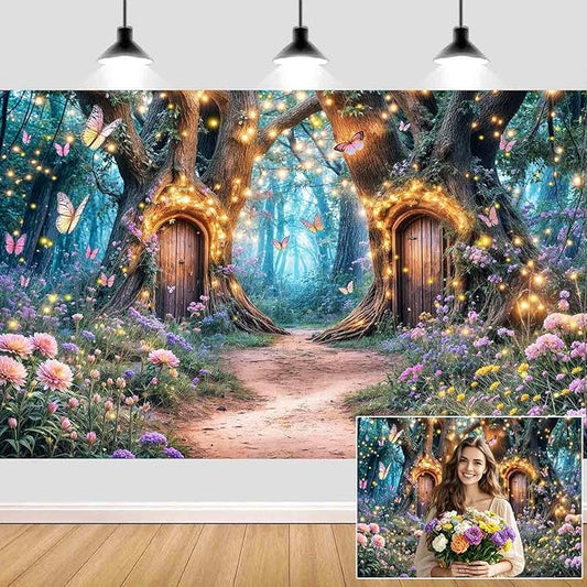 5X3ft Enchanted Forest Backdrop Fairy Enchanted Wonderland Garden Floral Butterfly Photography Background for Kids Girls Baby Shower Birthday Party Decoration Banner Cake Table Photo Booth Props
